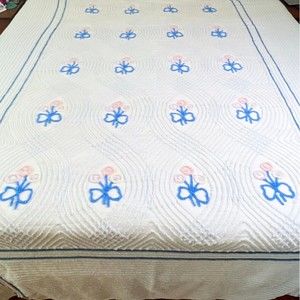 Vintage Chenille Bedspread Blanket Full Queen King Light Blue 88 x 100 Flowers